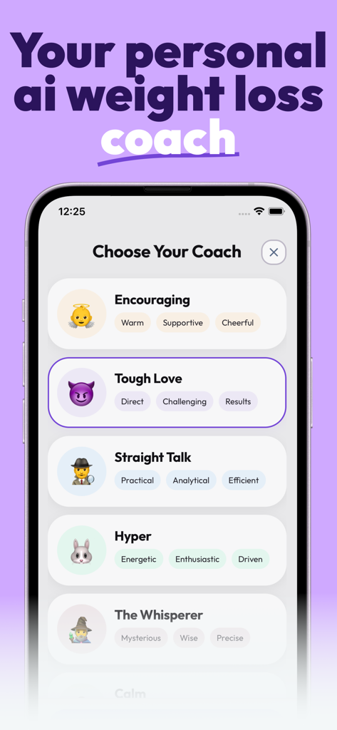 Eylo app screen showing different AI coaching personality options like Encouraging and Tough Love