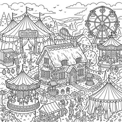 Embark on a delightful coloring journey to a lively carnival nestled around a charming rural cottage. This intricate scene is brimming with exciting rides, festive stalls, and joyful performers awaiting your vibrant touch.