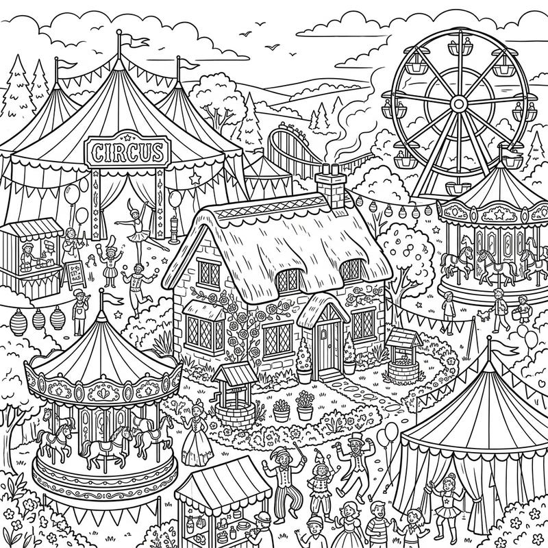 Embark on a delightful coloring journey to a lively carnival nestled around a charming rural cottage. This intricate scene is brimming with exciting rides, festive stalls, and joyful performers awaiting your vibrant touch.