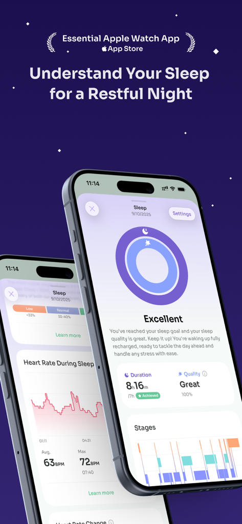 StressWatch app dashboard displaying sleep quality and heart rate data during sleep on an iPhone