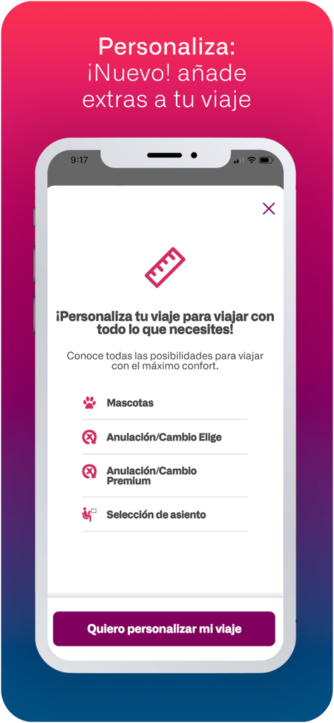 Renfe - Pantalla de la aplicación móvil Renfe que muestra opciones para personalizar un viaje en tren con extras como viaje con mascotas y selección de asientos.