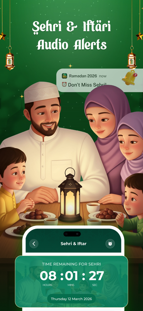 Ramadan Calendar 2026: Athan - Ramadan app interface showing Sehri and Iftari audio alerts with a family illustration and countdown timer