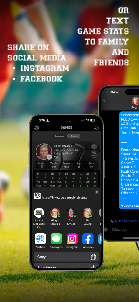 iPhone에서 문자 메시지 및 소셜 미디어 앱을 통해 축구 선수 통계를 공유합니다.