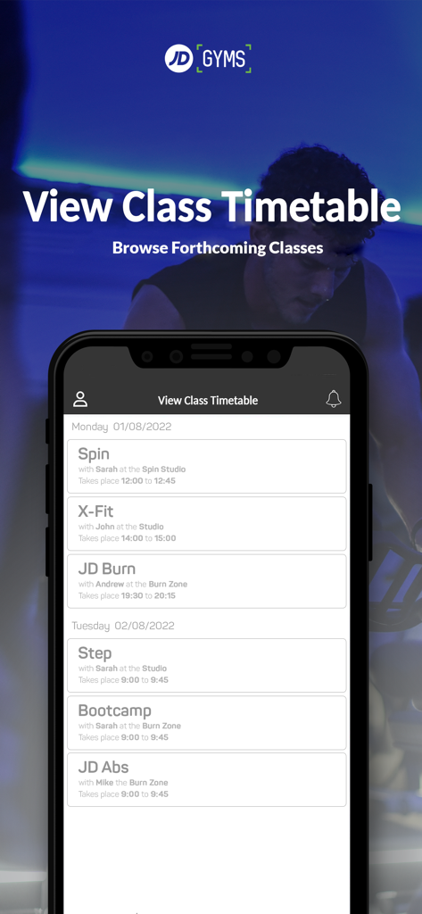 JD Gymsモバイルアプリのインターフェースに、スピン、X-Fit、ブートキャンプなどのセッションの週次クラススケジュールが表示されています。
