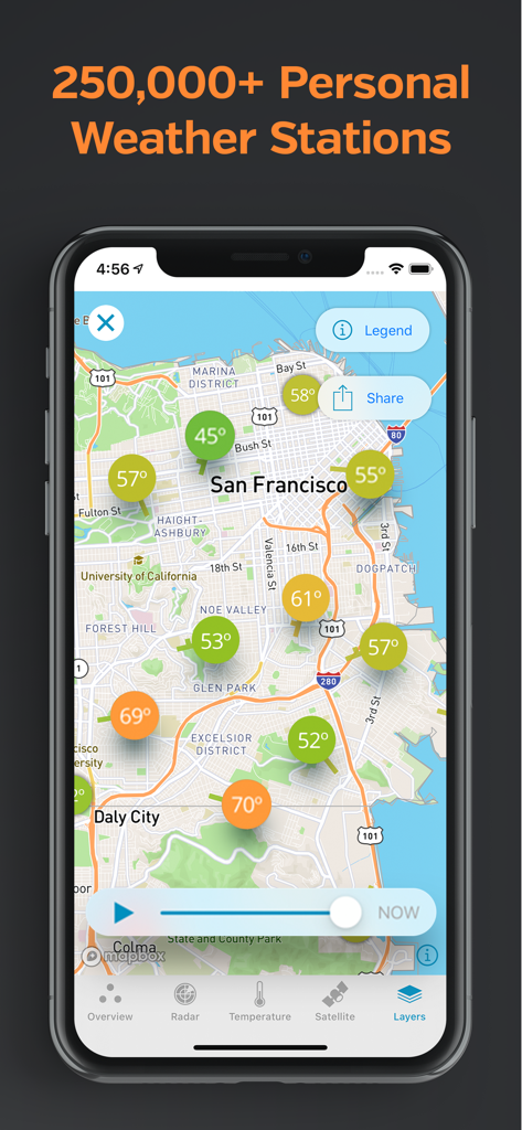 Weather Underground app showing hyper-local temperature data from personal weather stations on a San Francisco map