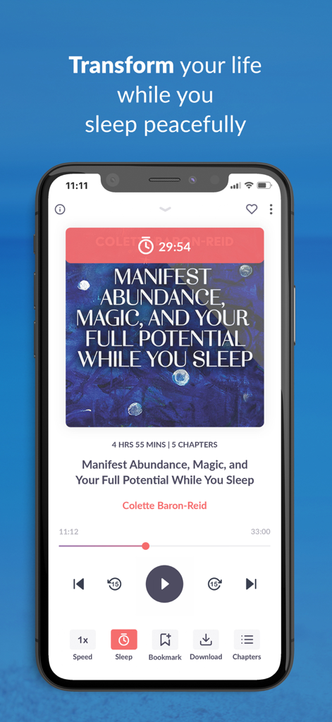 Empower You: Unlimited Audio - Empower You app audio player displaying a sleep meditation for manifesting abundance and potential.