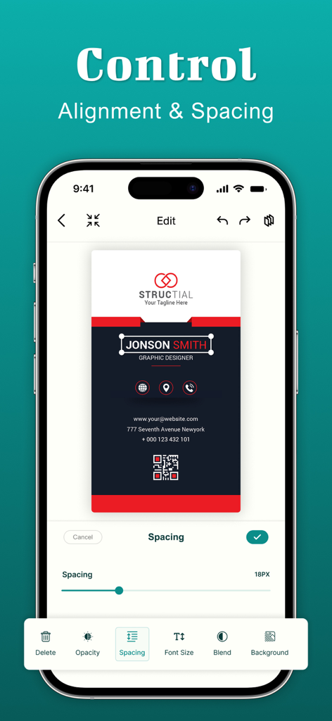 Business Card Maker : Creator - Business Card Maker app interface showing alignment and spacing controls for a vertical professional card design.