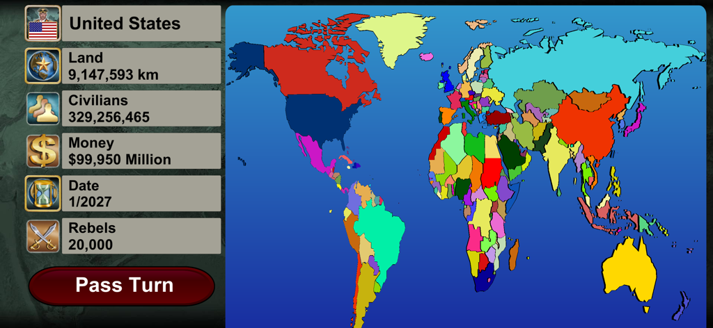 Una interfaz de mapa del mundo en el juego World Empire que muestra las estadísticas del país de Estados Unidos y un botón de pasar turno.