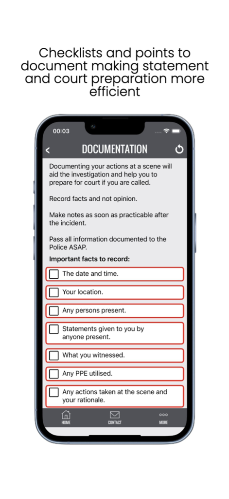 Crime Scene Assistant - Pantalla de un smartphone que muestra la lista de verificación de documentación en la aplicación Asistente de Escena del Crimen para registrar los detalles de la escena.