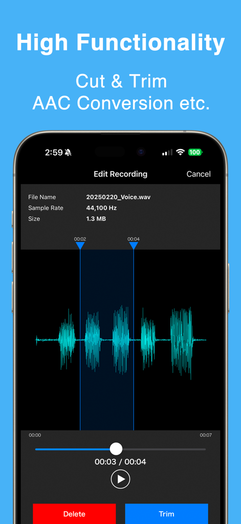 PCM Recorder Lite editing screen with audio waveform and trim options