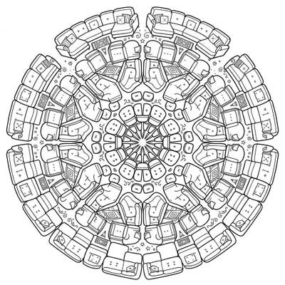 Dive into a unique coloring experience with this intricate mandala featuring beautifully arranged sectional sofas. Unwind as you bring detailed furniture patterns and symmetric designs to life with your favorite colors.