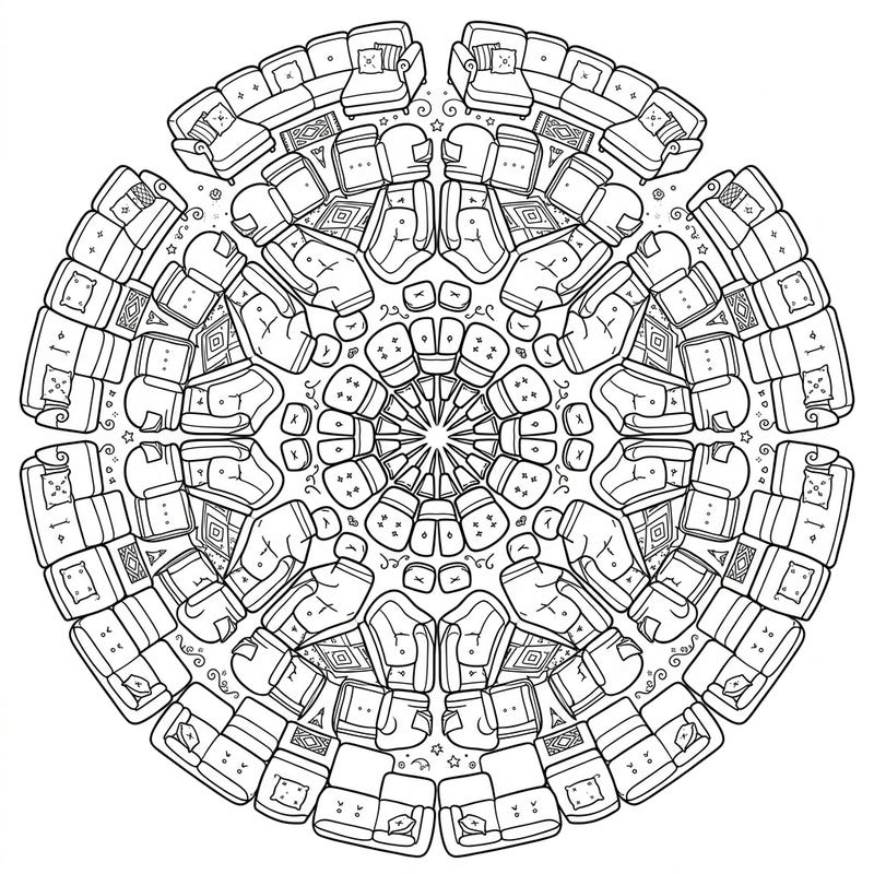 Dive into a unique coloring experience with this intricate mandala featuring beautifully arranged sectional sofas. Unwind as you bring detailed furniture patterns and symmetric designs to life with your favorite colors.