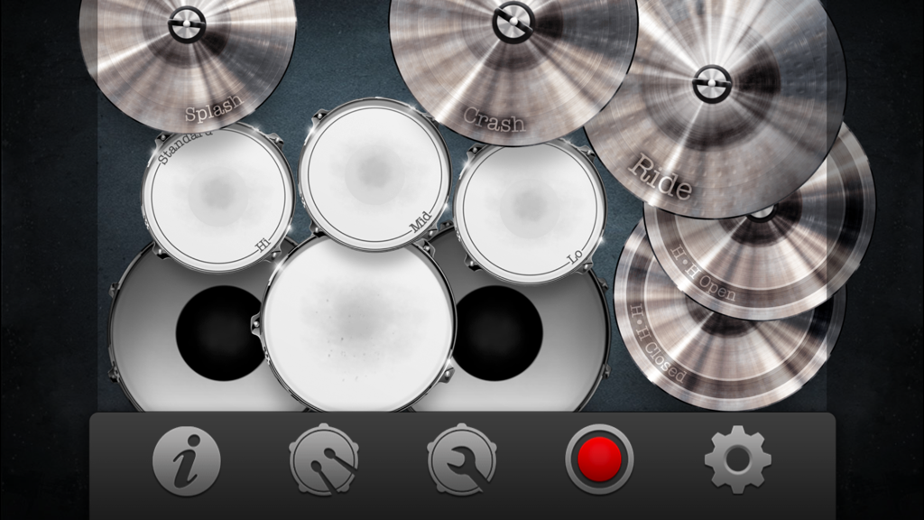 Drums! - A studio quality drum kit in your pocket - Top down view of a realistic virtual drum kit interface featuring toms cymbals and recording controls