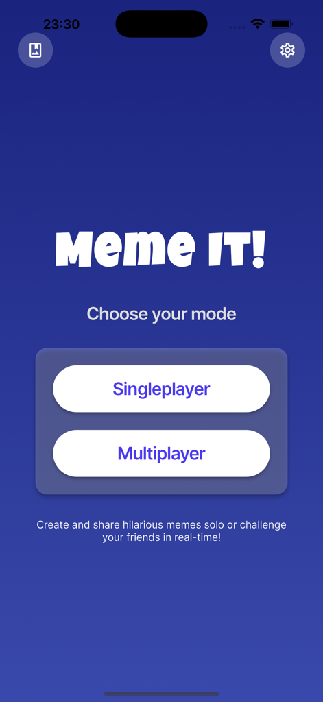 Tela inicial do aplicativo Meme It mostrando a seleção de modo de jogo para um jogador e multijogador.