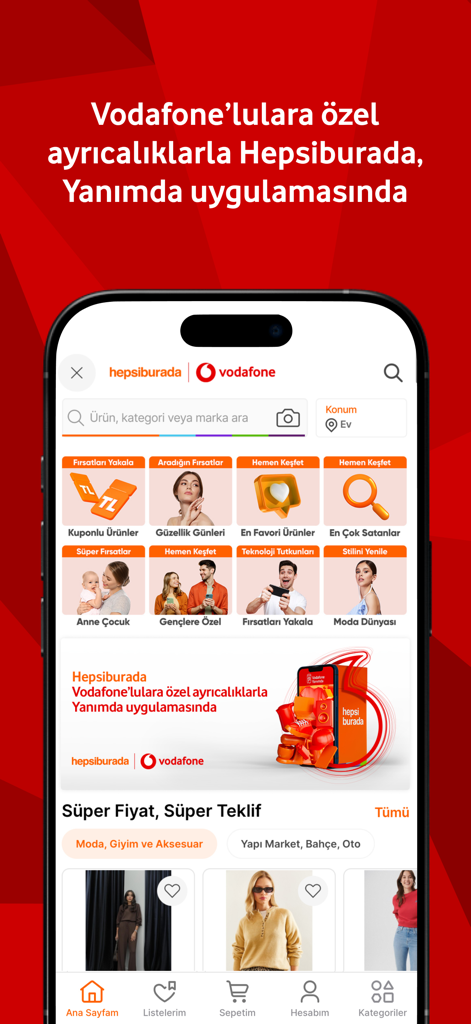Interface of the Vodafone Yanimda app showcasing Hepsiburada shopping integration and various product categories like fashion and technology
