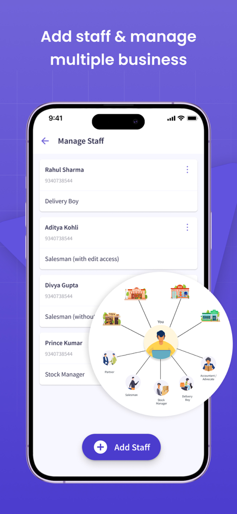 myBillBook app interface showing the manage staff screen with different employee roles and business locations