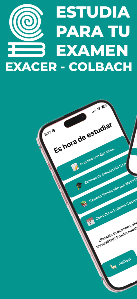 Interfaz de la aplicación Simulador Exacer Colbach mostrando varias opciones de estudio y simulación de examen