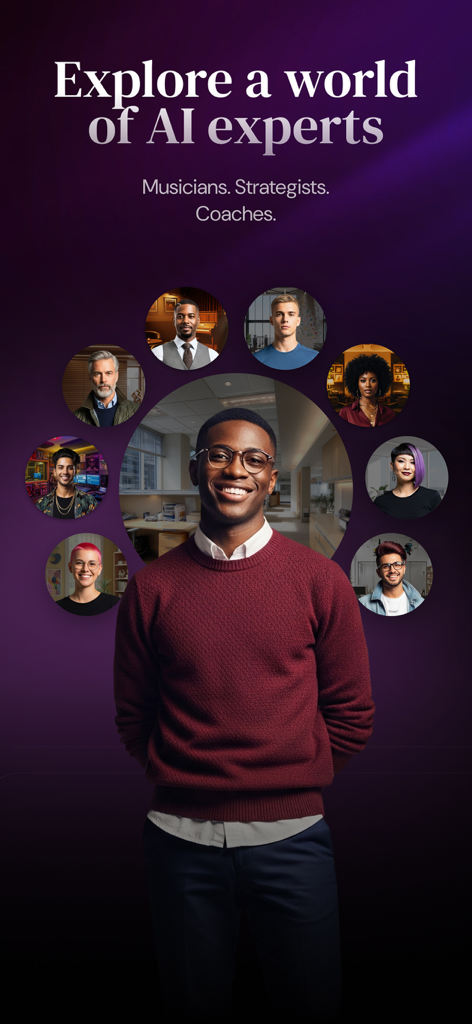Napster - AI Music & Experts - A diverse group of AI music experts and coaches surrounding a central user character on a purple background.