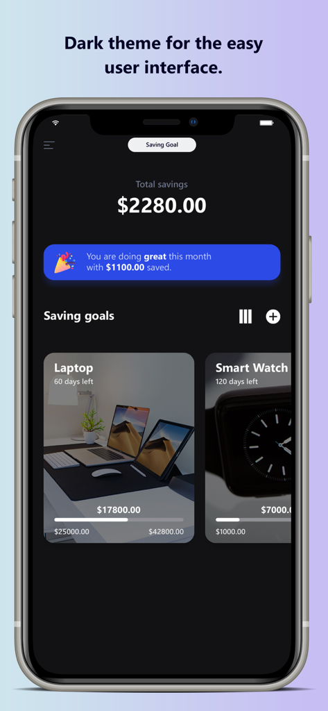 Savings Goal: Piggy Bank - Savings Goal Piggy Bank app interface in dark mode showing target goals and progress