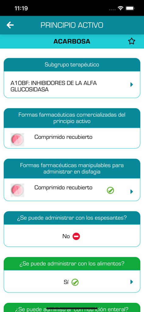 Deglufarm - Deglufarm app screen showing administration guidelines for Acarbose in patients with dysphagia.