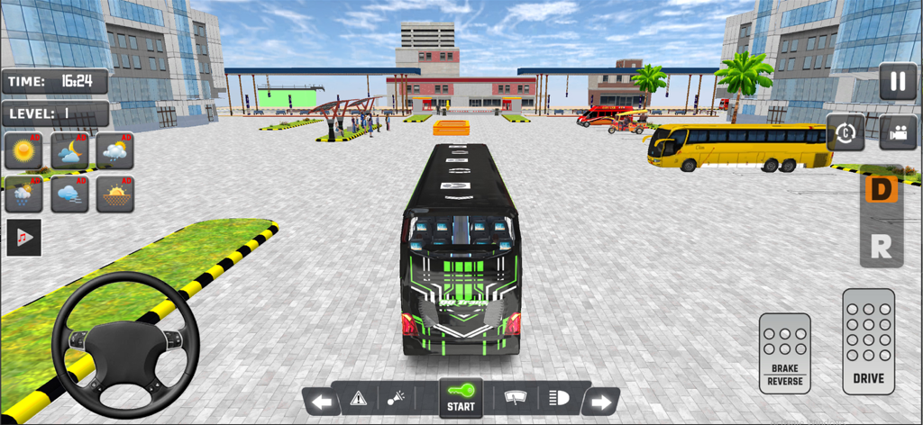 Coach Bus Simulator Game 2022 - Un autobús de pasajeros negro y verde aparcado en una terminal de la ciudad con controles de conducción del juego