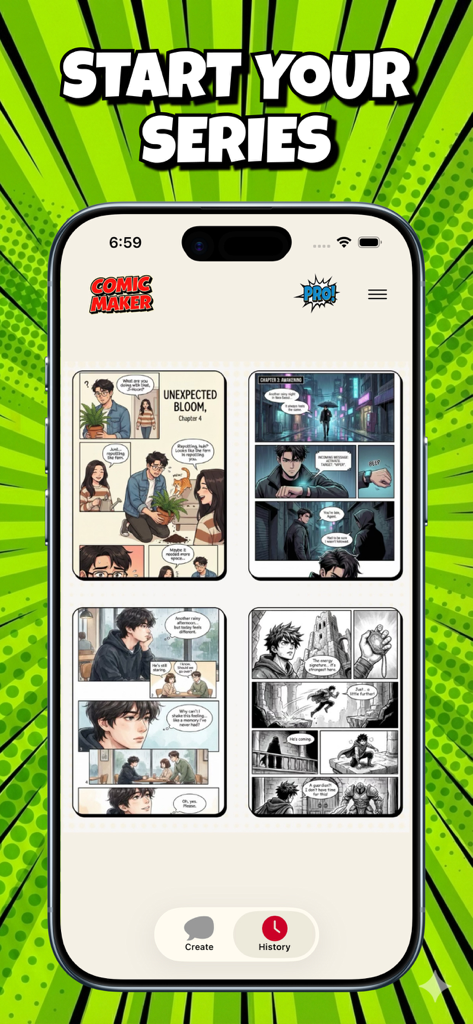 Comic Maker: Manga & Manhwa - Smartphone screen displaying the Comic Maker app with various manga and manhwa story pages
