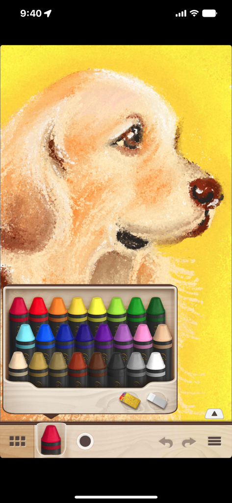 Crayon Style - Digital crayon drawing of a dog with a 24-color palette in the Crayon Style app.