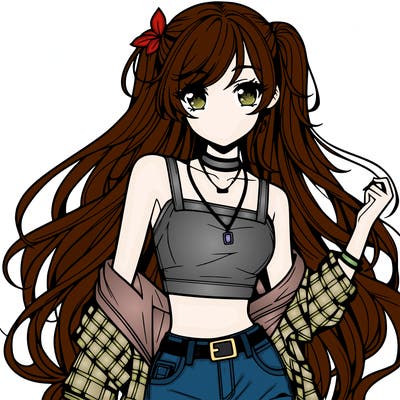 hot anime girl with long hair wearing a crop top and jorts