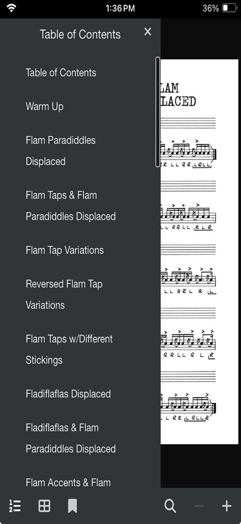 Table of contents showing drum lesson chapters in the Hudson Music app