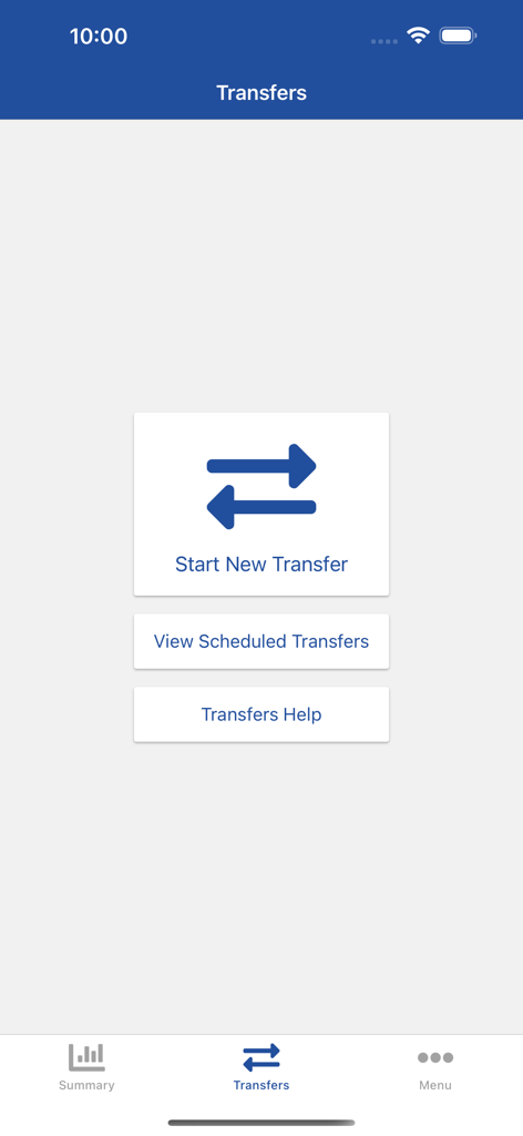 Transfers screen of the Police Credit Union mobile app featuring options to start a new transfer or view scheduled transfers