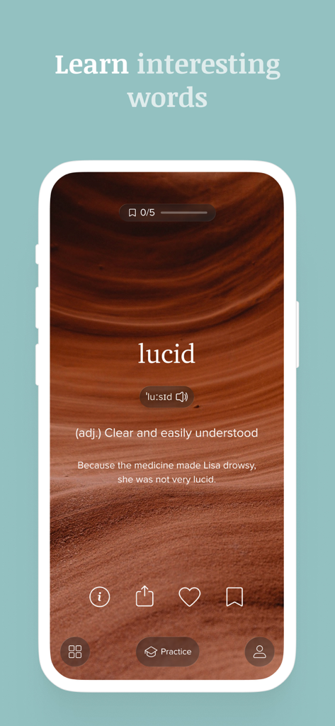 Interface de l'application Vocabulary montrant la définition et l'utilisation du mot « lucid »
