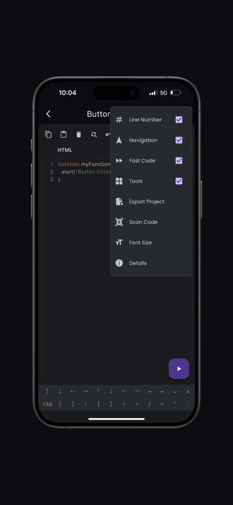 Captura de pantalla de la aplicación HTML Creator Pro que muestra un menú de configuración abierto con opciones para números de línea, escanear código y exportar proyectos.