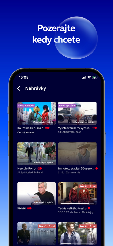 O2 TV SK application - O2 TV SK app interface showing the cloud DVR recordings section with a grid of TV shows and movies