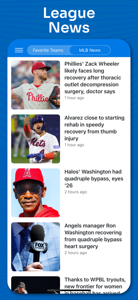 MLB Liga-Nachrichtenbereich zeigt verschiedene Baseball-Schlagzeilen und Spieler-Updates