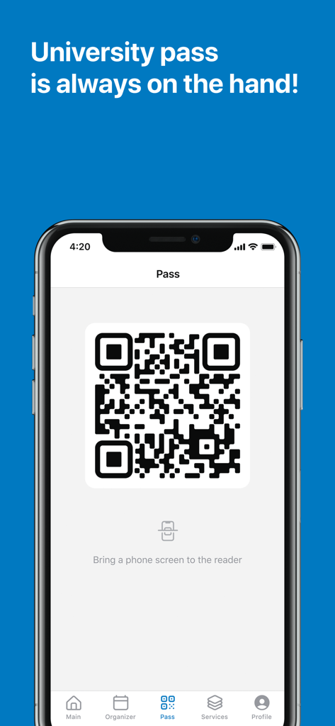 RUDN University - Pantalla de smartphone que muestra la función de pase digital de la aplicación de la Universidad RUDN con un código QR para el acceso al campus.