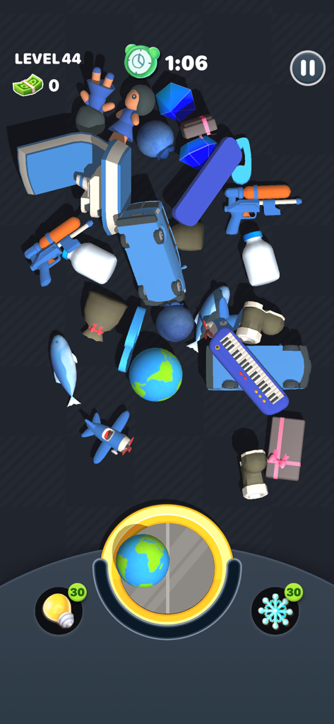A pile of various 3D objects like a globe and toy plane in the Match Puzzle Shop Master mobile game