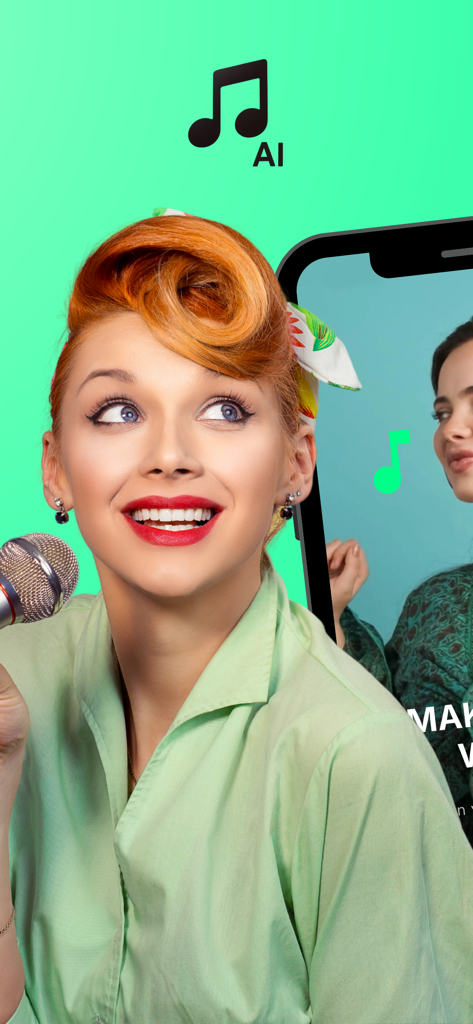 AI Song Generator & Maker Pro - A woman singing into a microphone with an AI music note icon representing a song generator app