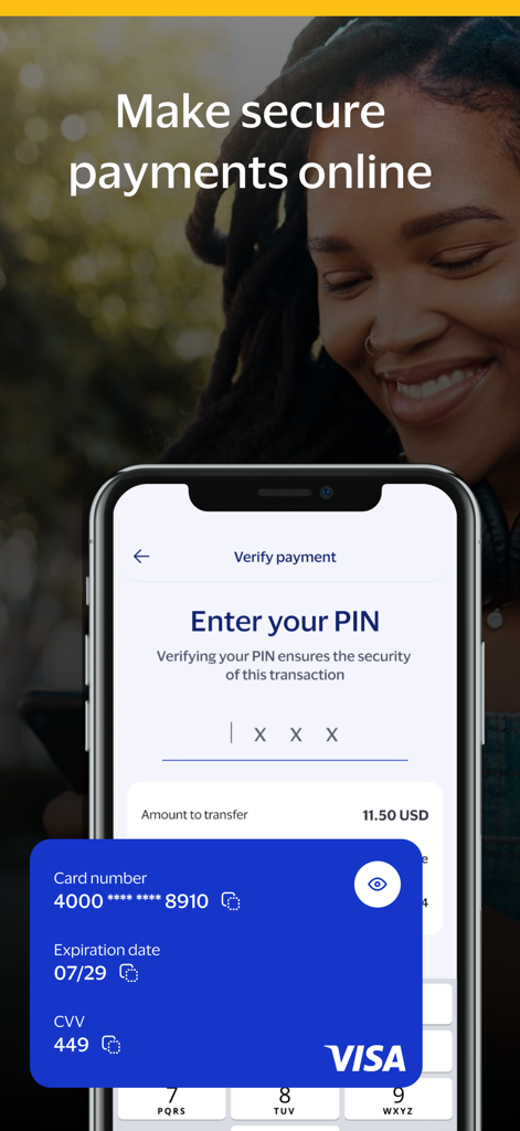 Visa Pay - Pantalla de la aplicación móvil Visa Pay que muestra la tarjeta digital y la verificación segura de pago mediante introducción de PIN.