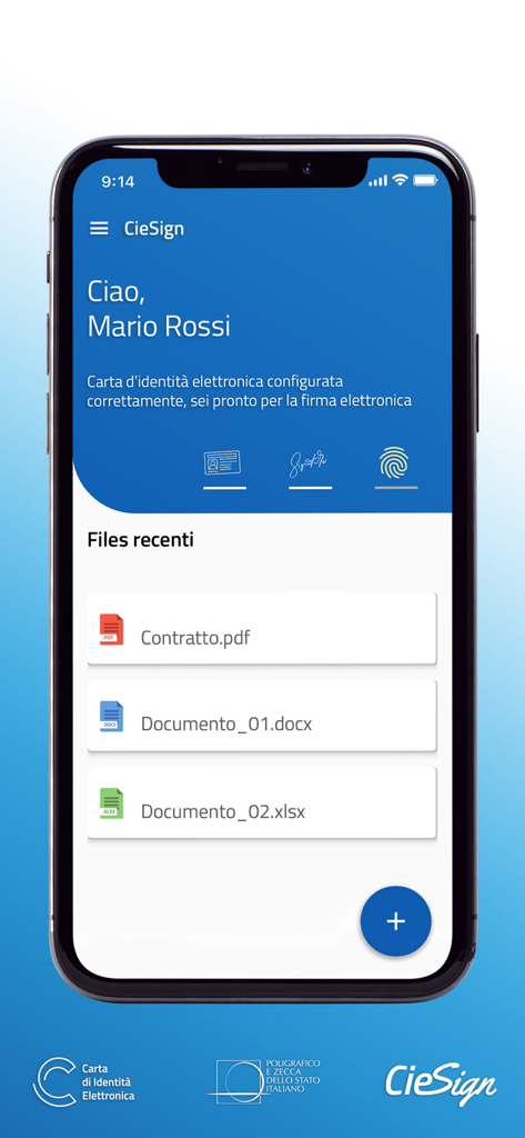 CieSign - Dashboard dell'app mobile CieSign che mostra i file recenti e lo stato della firma elettronica per un utente con Carta d'Identità Italiana