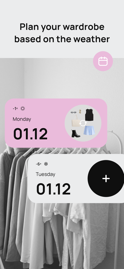 Smart wardrobe by Outfitsy - Smart wardrobe app showing outfit planning based on daily weather forecast.