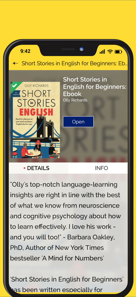 Interfaz de la aplicación que muestra los detalles del libro electrónico para Historias Cortas en Inglés para Principiantes