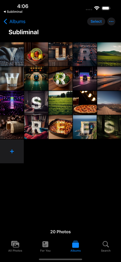 Una captura de pantalla de la aplicación Subliminal que muestra una cuadrícula de veinte fotos variadas en un álbum digital diseñado para parecer una biblioteca de fotos móvil estándar.