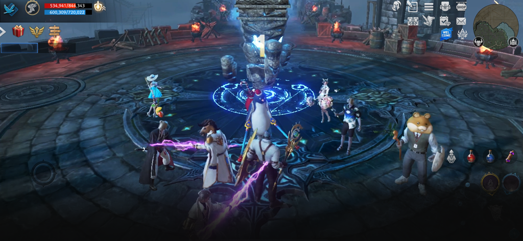Capture d'écran de gameplay de Lineage 2 Revolution avec des joueurs en divers costumes réunis dans une arène
