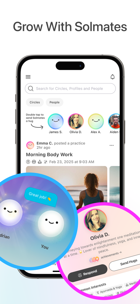 Sol - Grow Your Inner Light - Interface of the Sol app showing the community screen with Solmates profiles and circle search feature