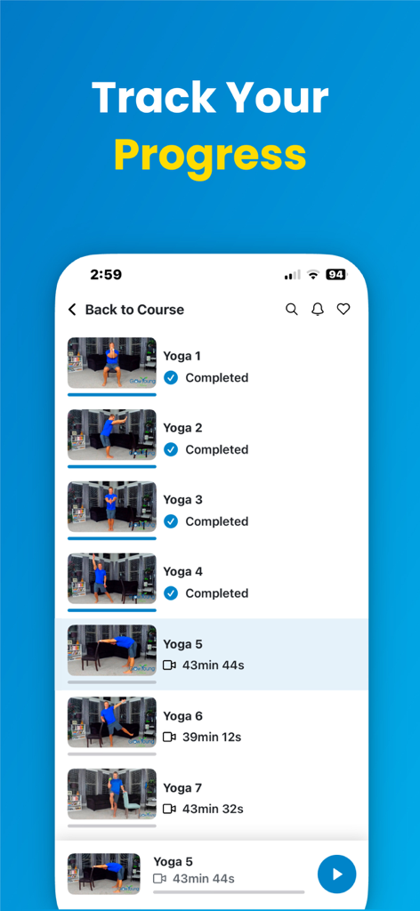 Grow Young Fitness - Grow Young Fitness app screen showing a list of chair yoga sessions with workout completion status and progress tracking.