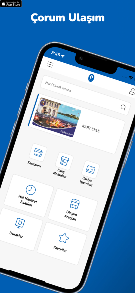 Çorum Ulaşım - Çorum Ulaşım 모바일 앱 홈 화면으로, 교통 탐색 및 스마트 카드 관리 기능 표시