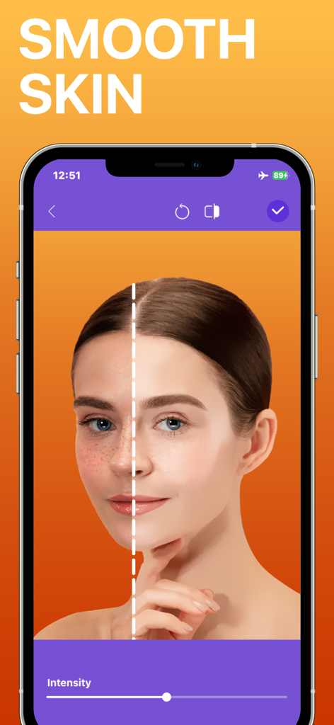BeautyTune - Blemish Remover - Comparación de antes y después de la función de suavizado de piel en el retrato de una mujer en la aplicación BeautyTune.
