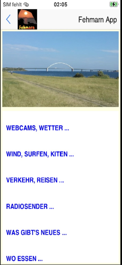 Main menu of the Fehmarn App featuring a photo of the Fehmarn Sound Bridge and travel category links
