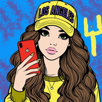 realistic beautiful girl wearing los ángeles cap holding an iphone