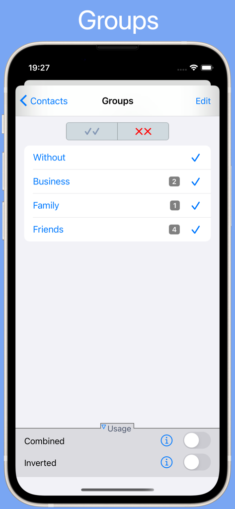 GroupsPro - Interfaz de la aplicación móvil GroupsPro para organizar contactos en grupos de negocios, familiares y amigos